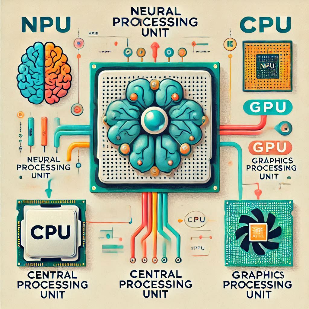 Schéma comparatif entre CPU, GPU et NPU, illustrant les différences architecturales et les domaines d'application respectifs.